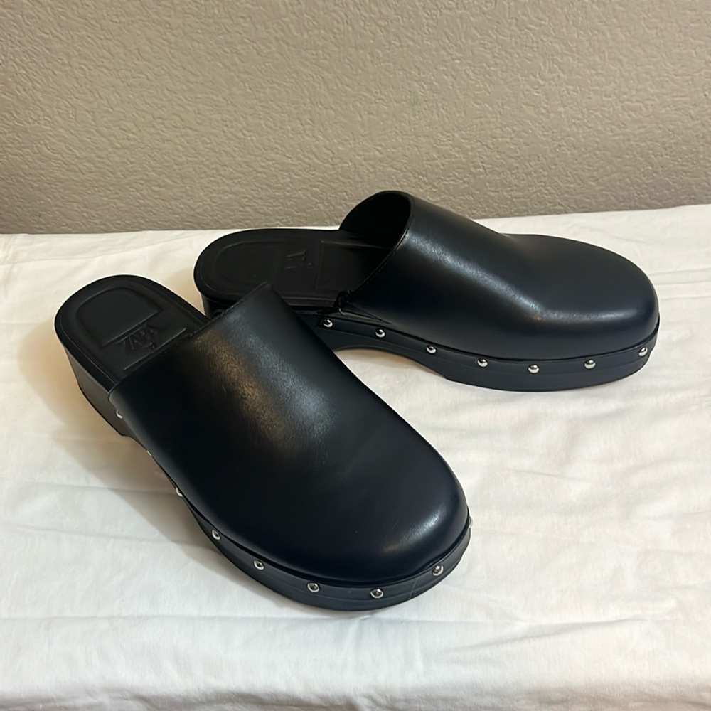 Zara Black Leather Mules with Silver Studs
